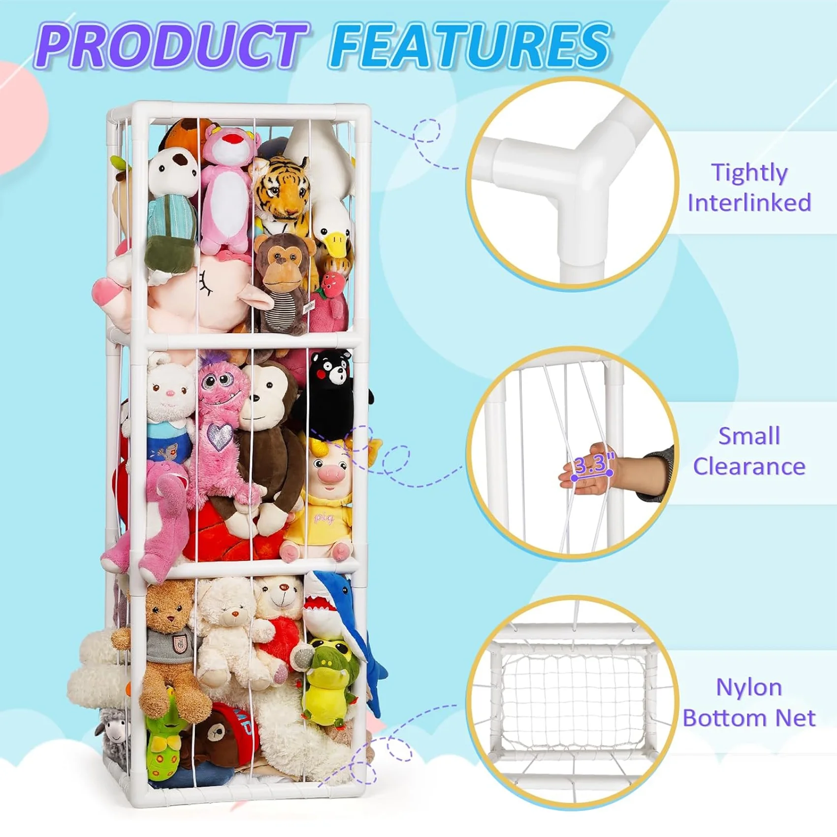 Loghot Stuffed Animal Storage Holder, Toy Organizer, PVC Plush Storage Organizer Shelf for Kids Play Room Bedroom, White