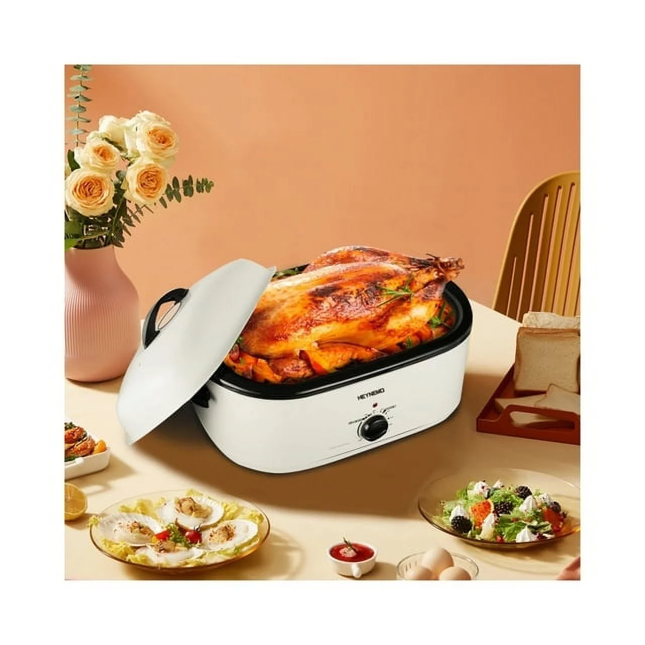 24 Quart Electric Roaster Oven Stainless Steel Roaster Pan With Self-Basting Lid Removable Insert Pot, White