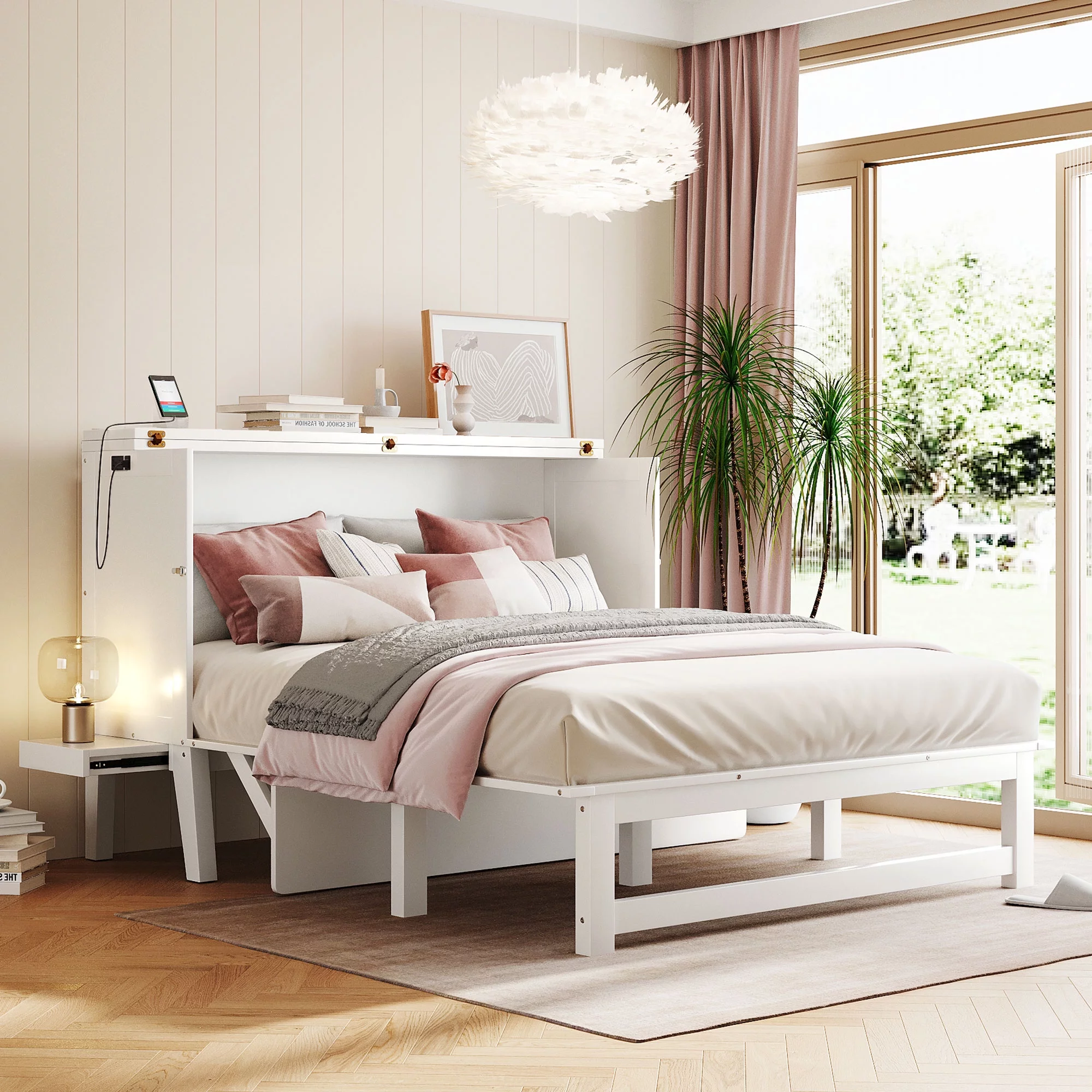 Churanty Queen Size Murphy Bed Wall Beds with USB Port and Shelves,Wood Mobile Murphy Chest Bed Cabinet Bed,White