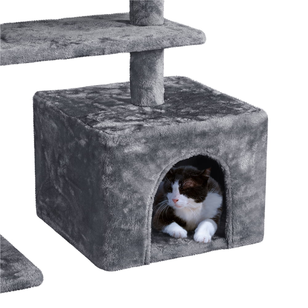 Easyfashion Multilevel Plush Cat Tree with Dangling Balls for Cats and Kittens, Dark Gray