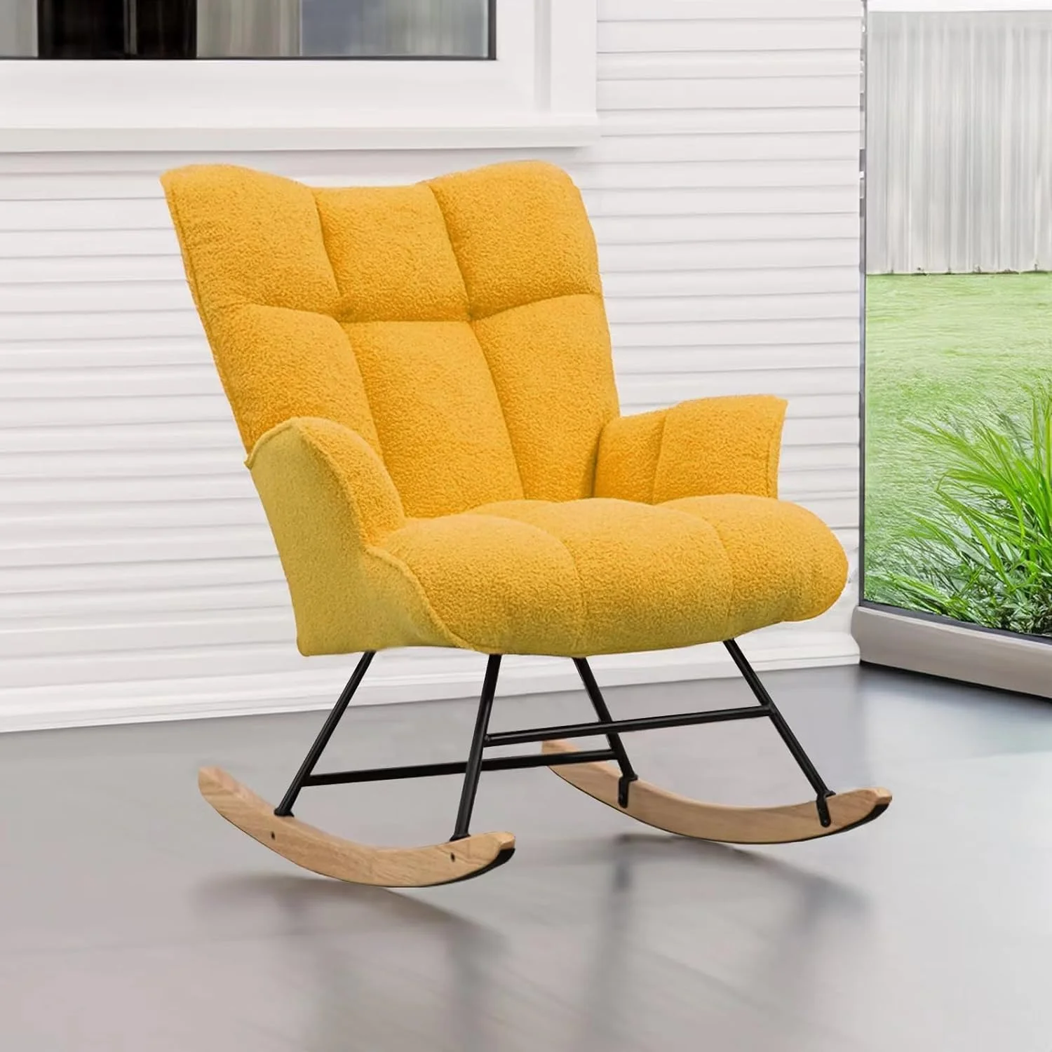 ONKER Nursery Rocking Chair, Upholstered Glider Rocker with High Backrest, Comfortable Stylish Accent Armchair with Padded Seat, Maize