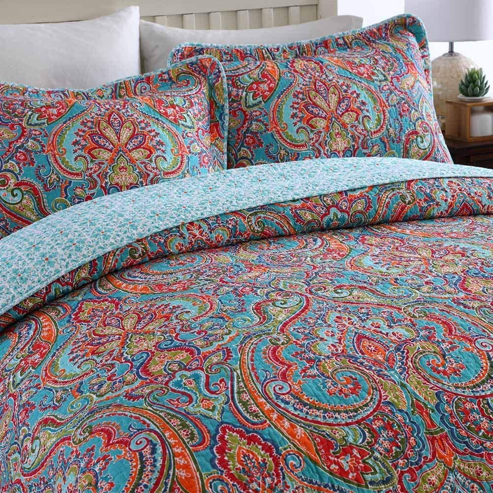 NEWLAKE Cotton Bedspread Quilt Sets-Reversible Patchwork Coverlet Set European Gorgeous Floral Pattern King Size