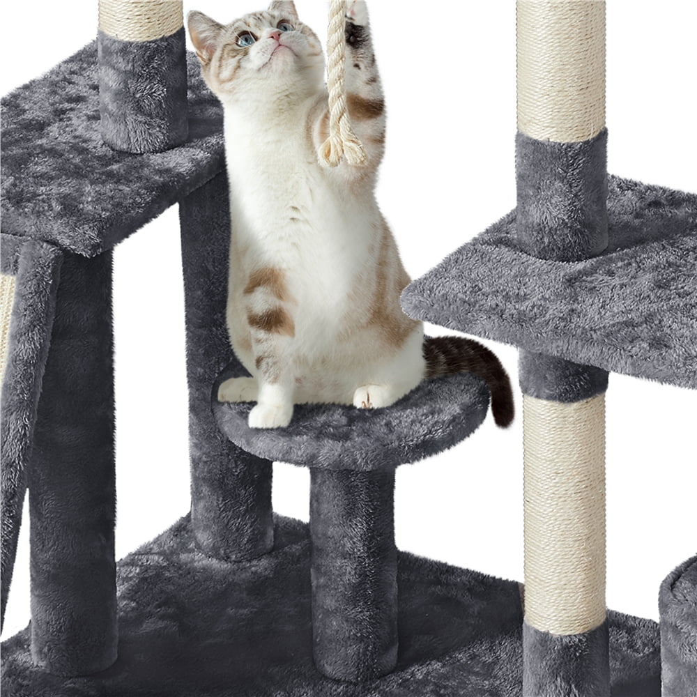 Easyfashion Multilevel Plush Cat Tree with Dangling Balls for Cats and Kittens, Dark Gray