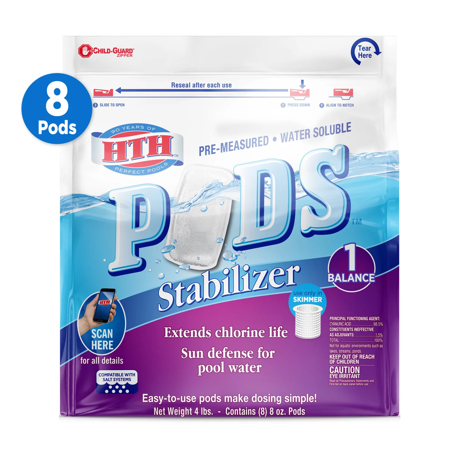HTH Stabilizer Pre-measured Water Soluble Pods for Pools, 4 lb, 8 ct