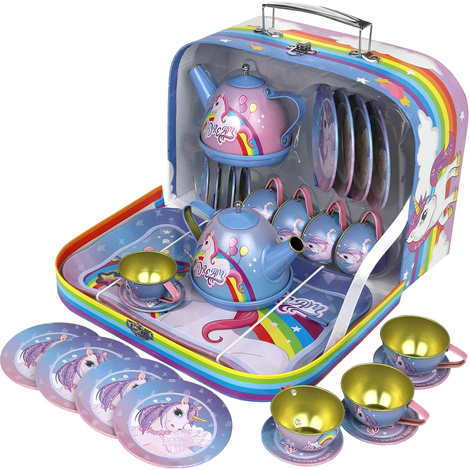 Tea Set for Little Girls, Pretend Play Tea Party Set, Unicorn Design Kids Tin Tea Set with Carrying Case (15 Pcs)