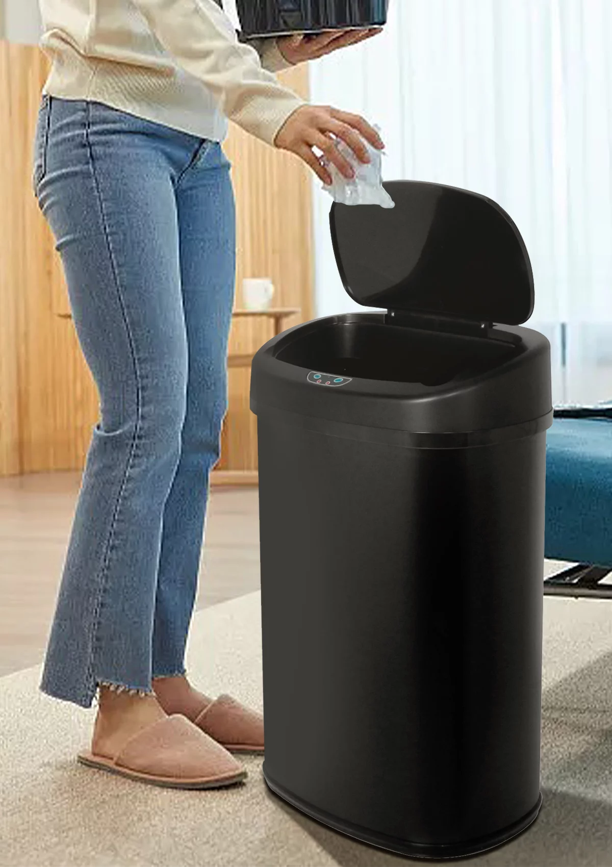 CL.HPAHKL 13 Gallon Trash Can with Touch-Free & Motion Sensor, Automatic Stainless-Steel Kitchen Garbage Can with Lid, Trashcan Trash Bin for for Bathroom Bedroom Home Office, Black
