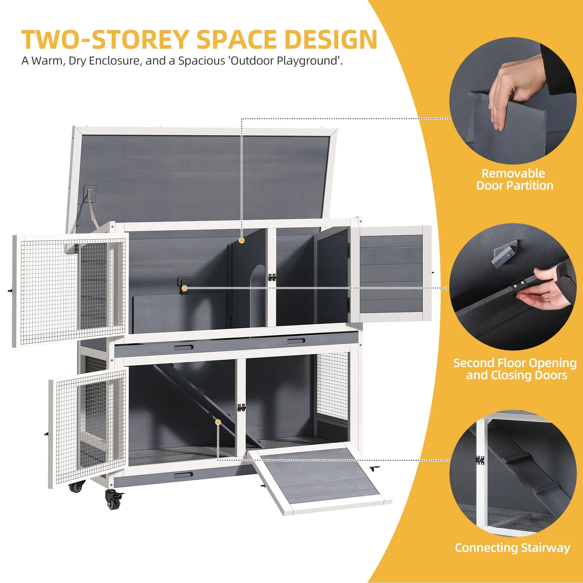 Dextrus Rabbit Hutch Bunny Cage Indoor Outdoor with Removable Tray and Wheels