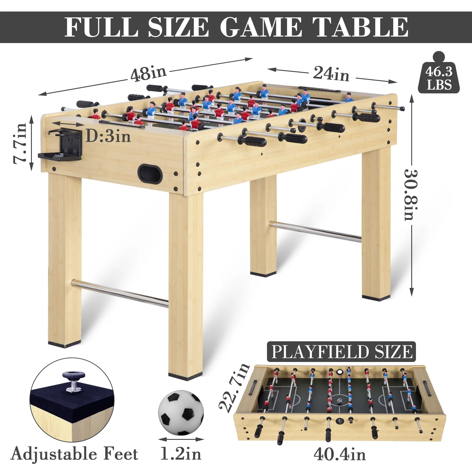 RayChee 48in Foosball Table, Competition Sized Soccer Table for Game Room w/ 2 Balls, 2 Cup Holders (Bamboo Grain)