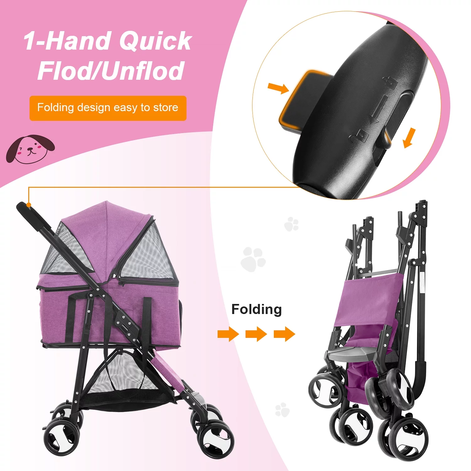 YRLLENSDAN Pet Stroller Premium 3-in-1 Multifunction Dog Cat Jogger Stroller for Medium Small Dogs Cats Folding Lightweight Travel Stroller with Detachable Carrier &Cup Holder (Purple, 4 Wheels)