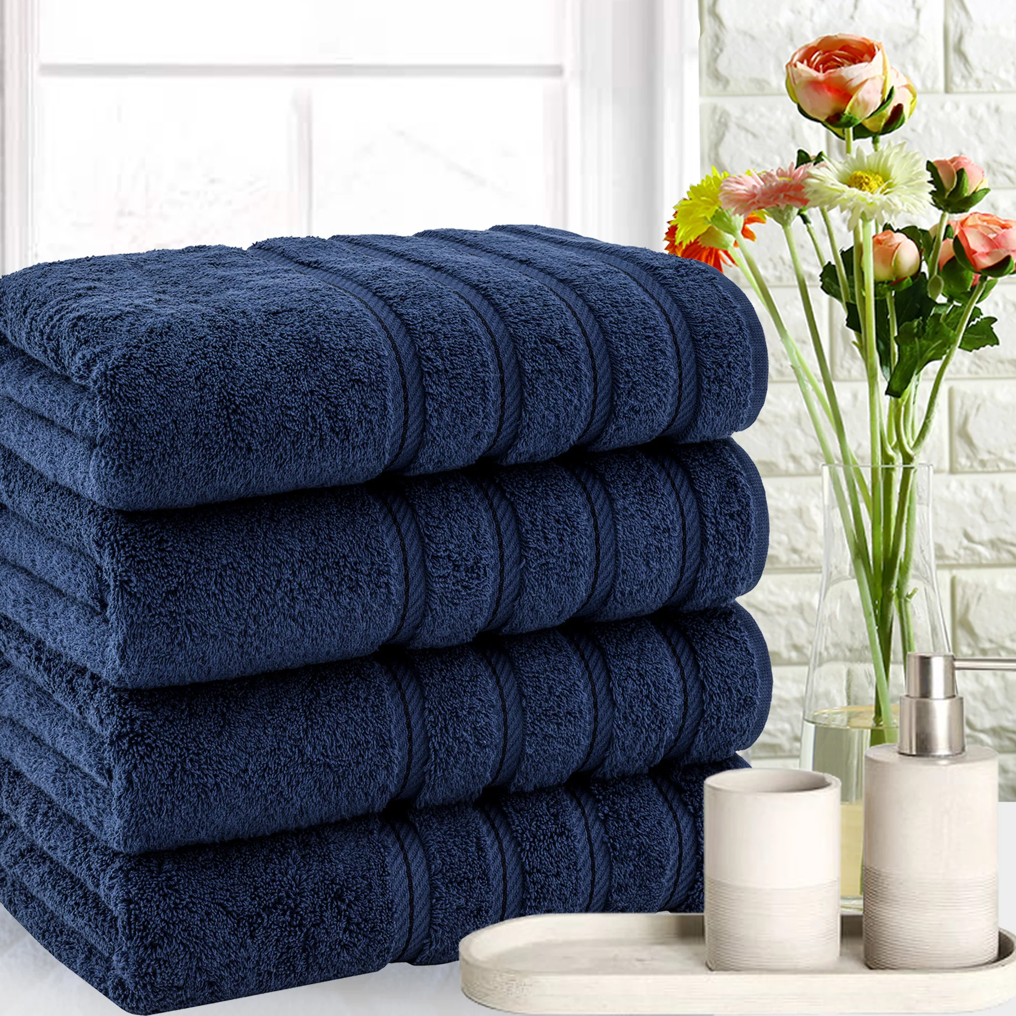 American Soft Linen Navy Blue Bath Towel Set 100% Turkish Cotton Towels for Bathroom 4 Piece