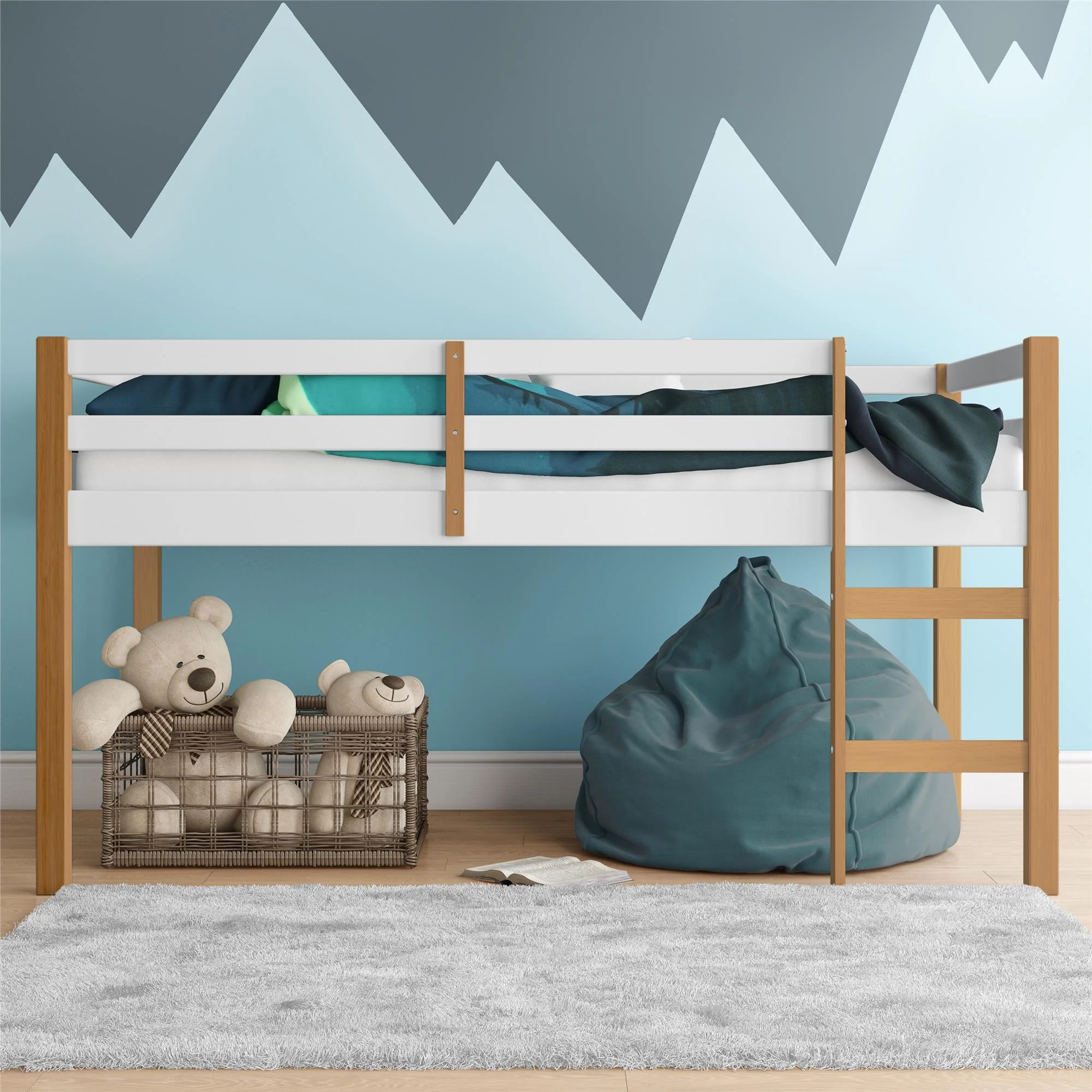 DHP Benson Junior Twin Size Wooden Loft Bed, Natural and White