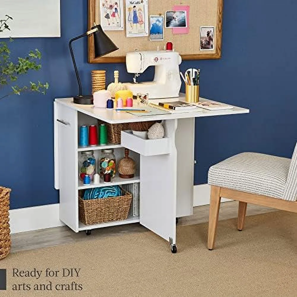 STVBG Folding Dining Table  Multipurpose Collapsible Drop Leaf Extension  Versatile Space Saving Desk  w/Wheels  3  Shelves  Metal Handle - White