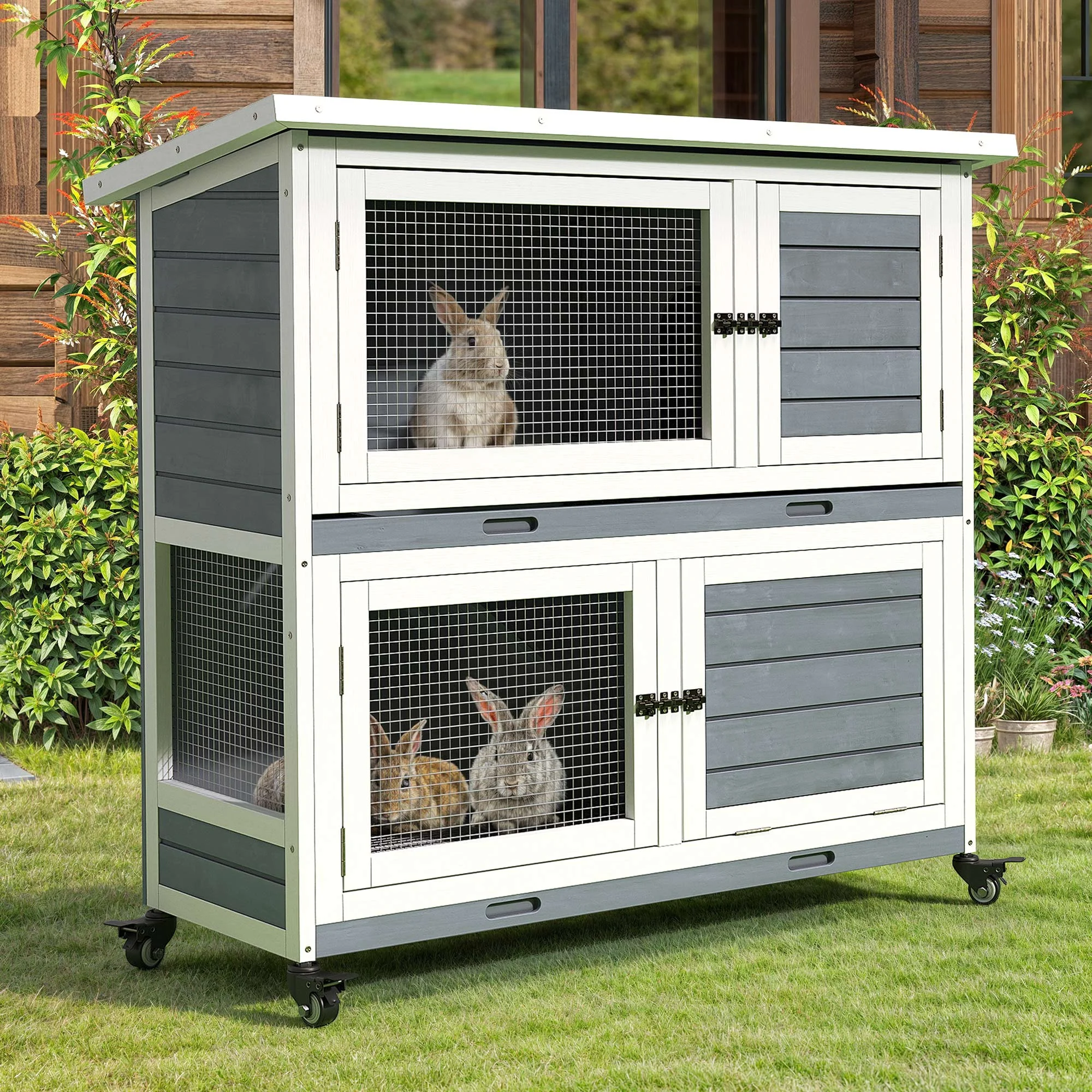 Dextrus Rabbit Hutch Bunny Cage Indoor Outdoor with Removable Tray and Wheels