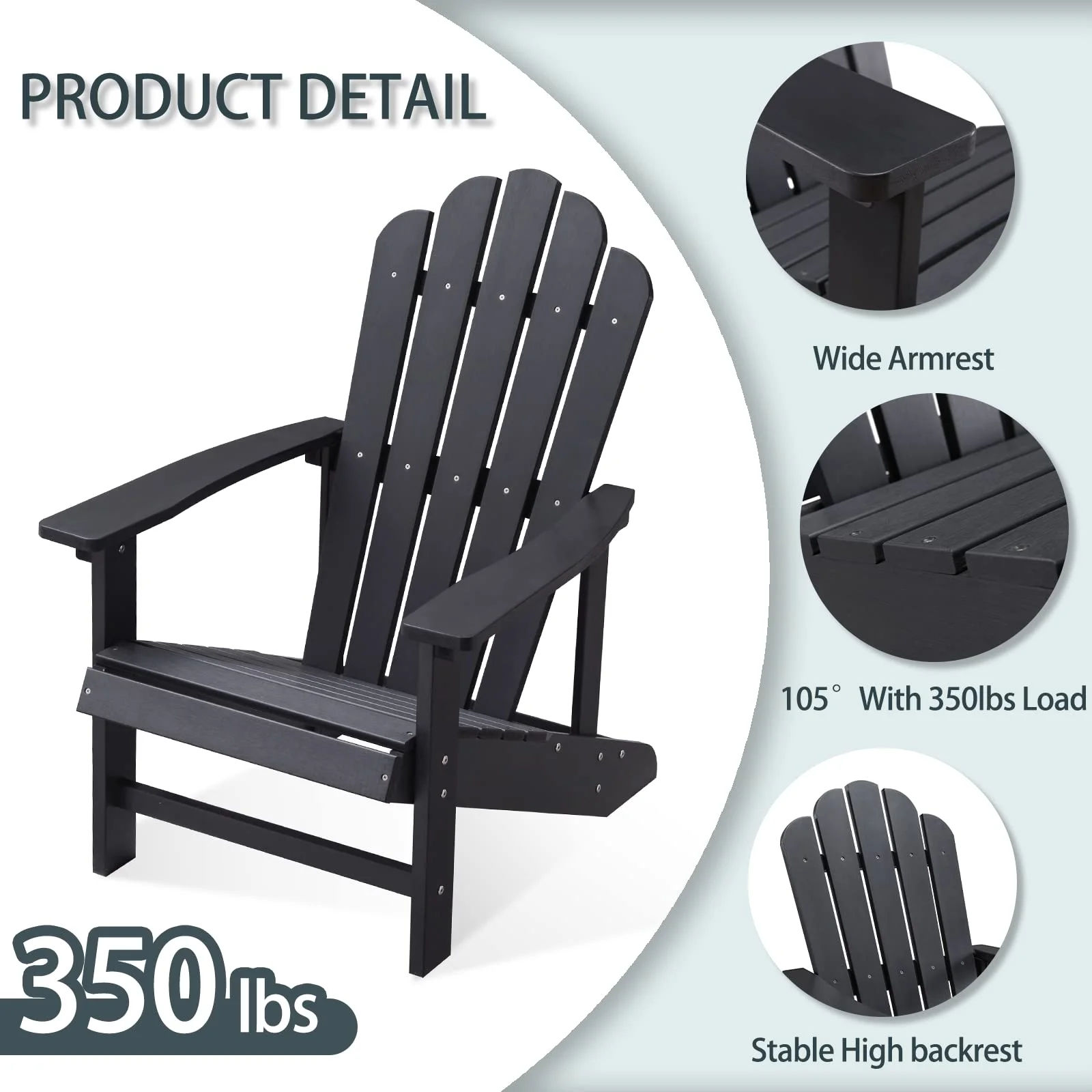Efurden Adirondack Chair Set of 2, Weather Resistant & Durable Fire Pits Chair for Lawn and Garden, 350 lbs Load Capacity, Polystyrene (Black)