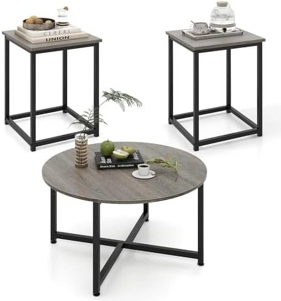 HYHBIBOOM Round Nesting Table Set of 3  Farmhouse Coffee Table w/2 End Tables  Sturdy Metal Frame  3-Piece Wooden Living Room Table Set for Home Office  Apartment (Black Oak)