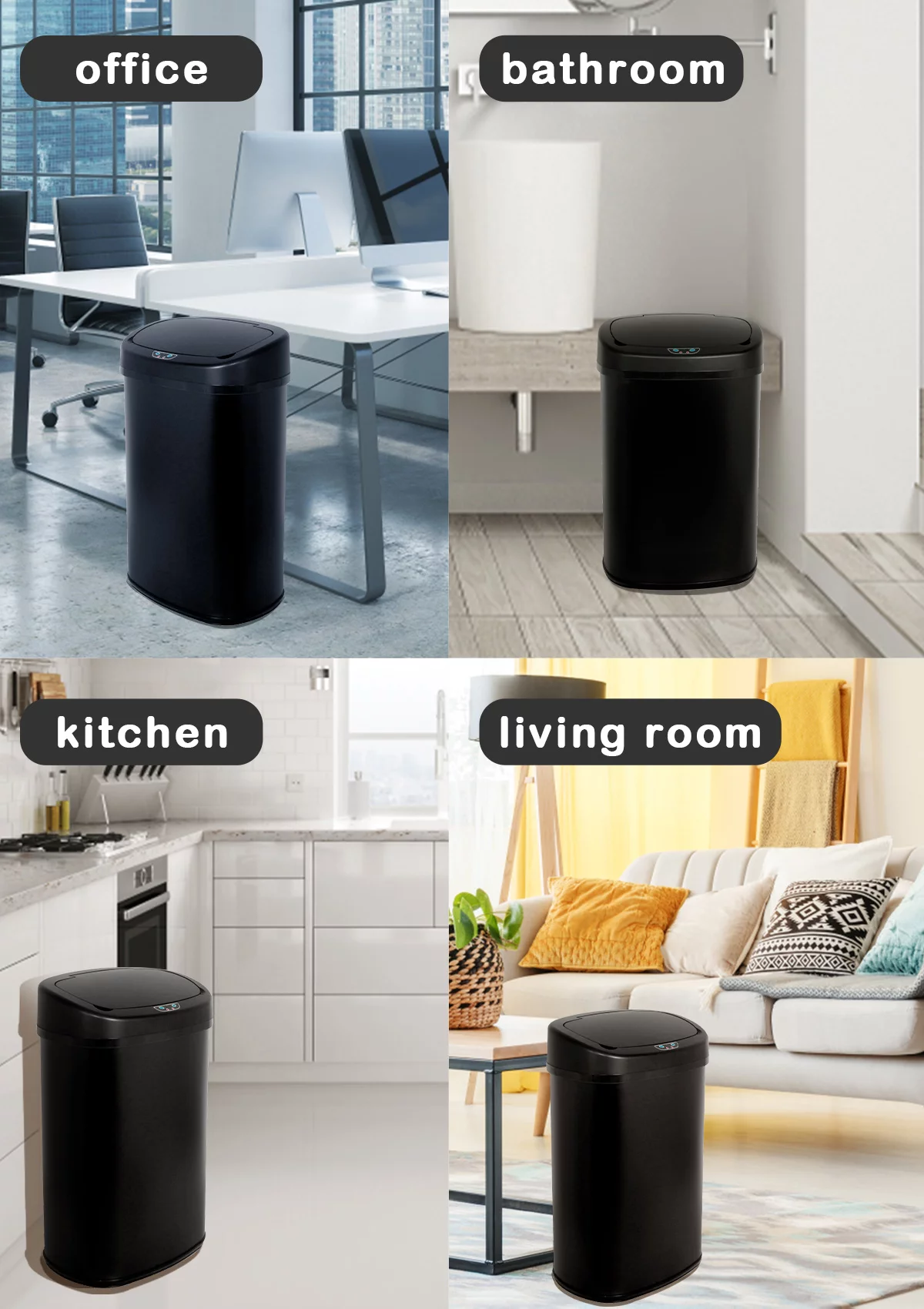 CL.HPAHKL 13 Gallon Trash Can with Touch-Free & Motion Sensor, Automatic Stainless-Steel Kitchen Garbage Can with Lid, Trashcan Trash Bin for for Bathroom Bedroom Home Office, Black