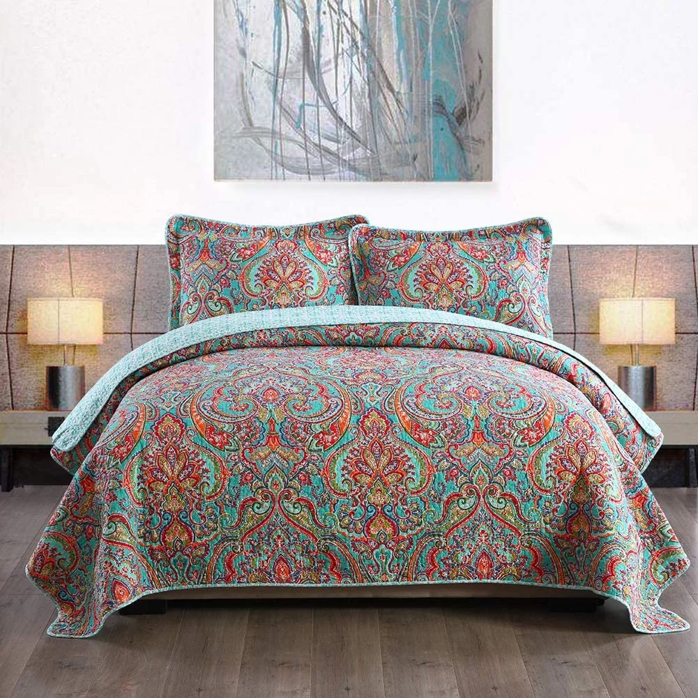 NEWLAKE Cotton Bedspread Quilt Sets-Reversible Patchwork Coverlet Set European Gorgeous Floral Pattern King Size