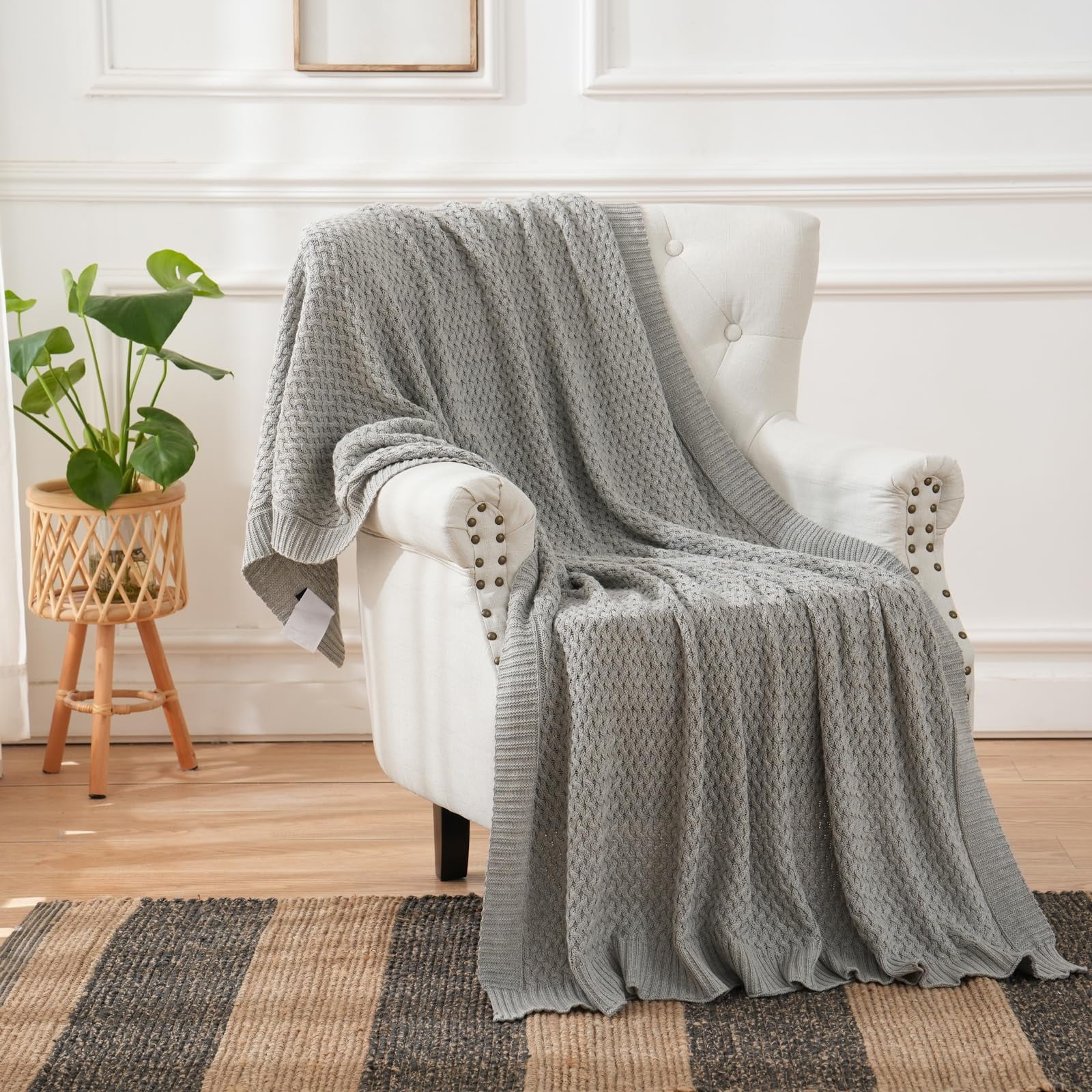 MEHGY 100% Cotton Throw Blanket, Super Soft, Lightweight and Breathable Knitted Blanket,for Couch, Sofa & Bed, 51 * 67 Inches (Gray)