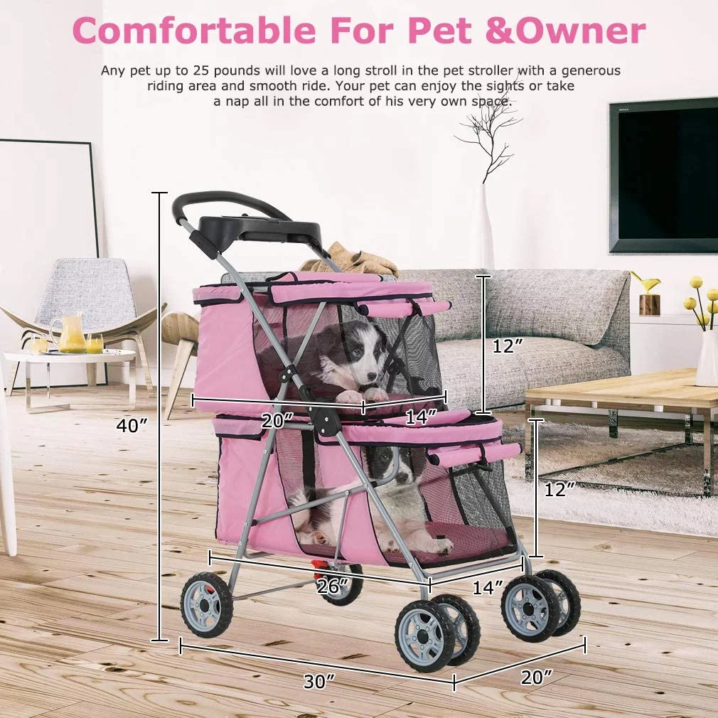 Dkelincs Double Tier Dog Stroller Cat Stroller Travel Folding Pet Stroller 4 Wheels Jogger Stroller with Removable Pad & Cup Holder, Pink