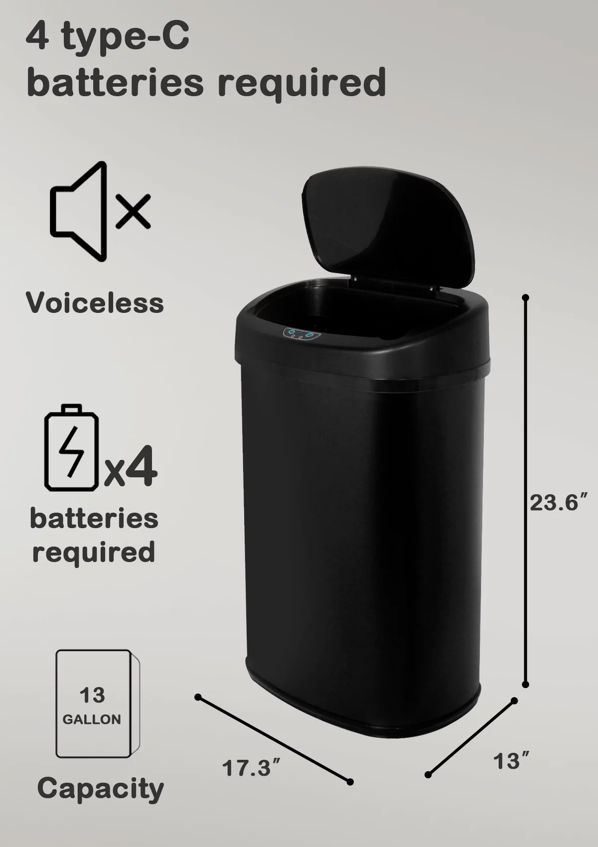 CL.HPAHKL 13 Gallon Trash Can with Touch-Free & Motion Sensor, Automatic Stainless-Steel Kitchen Garbage Can with Lid, Trashcan Trash Bin for for Bathroom Bedroom Home Office, Black