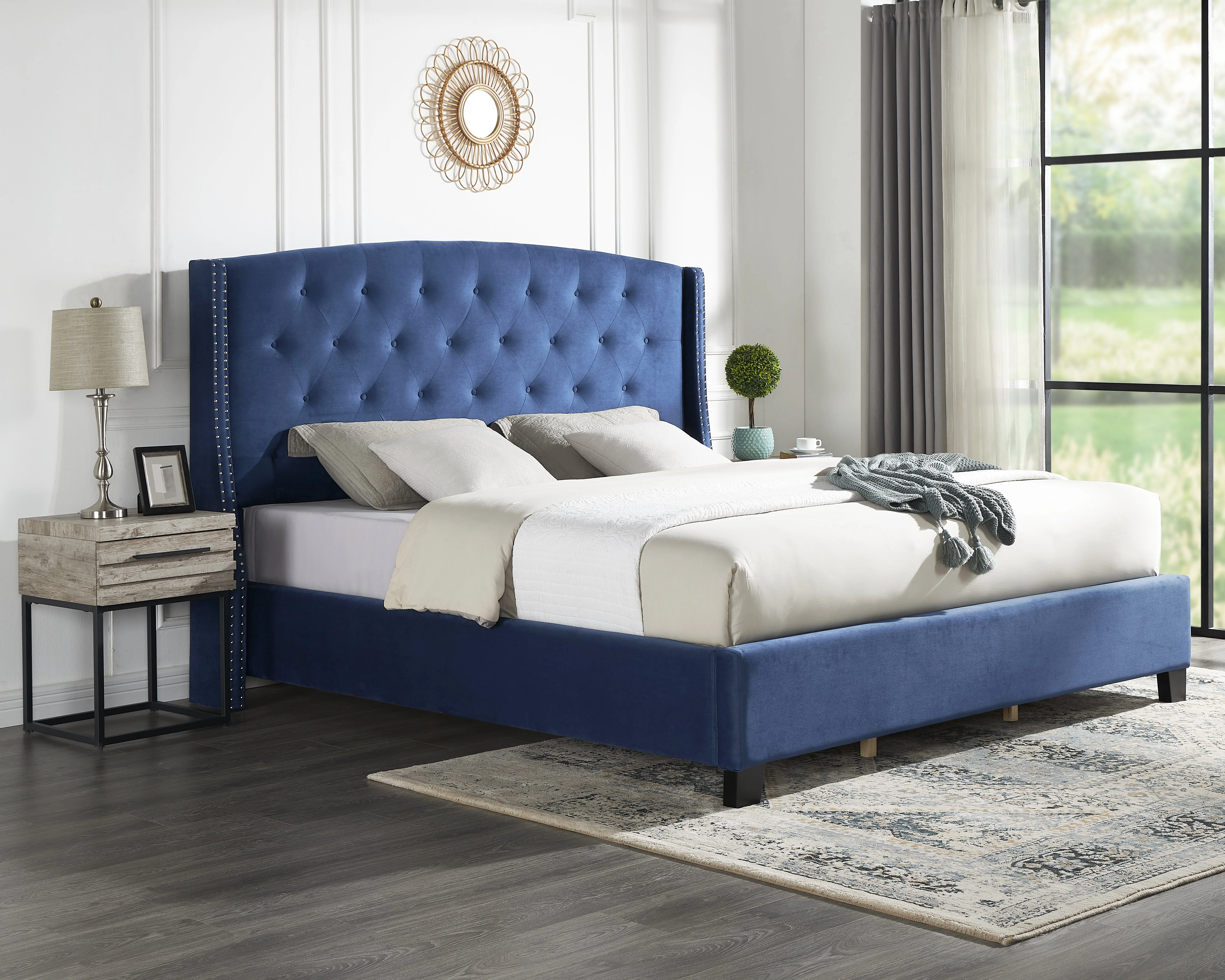 Roundhill Furniture Fentina 3-Piece Upholstered Bedroom Set, Tufted Wingback Bed with Two Gray Nightstands, King