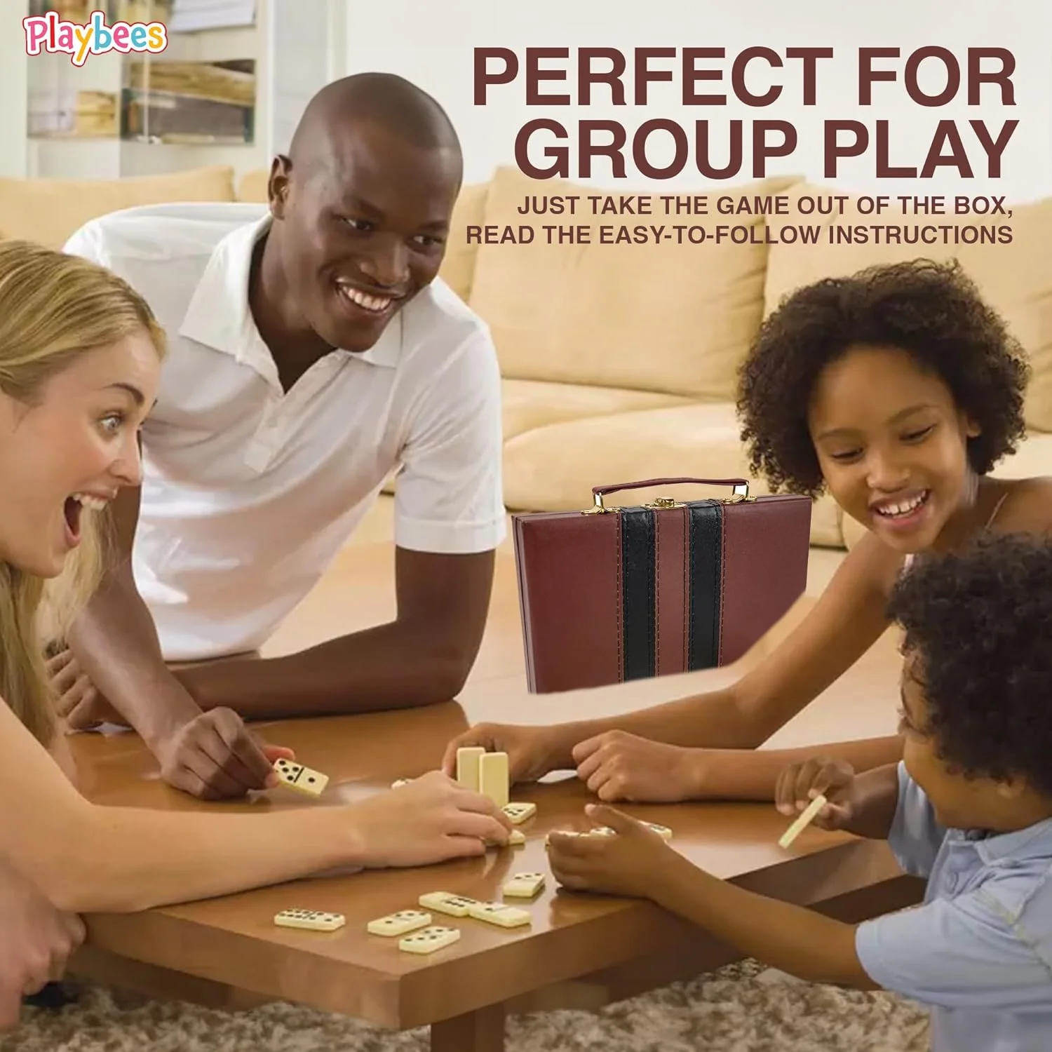 Playbees Jumbo Double Six Domino Set - 28 Thick White Tiles - Sophisticated Wooden Vegan Leather Box - Classic Family Game - Math Skills and Strategy - 2-4 Players