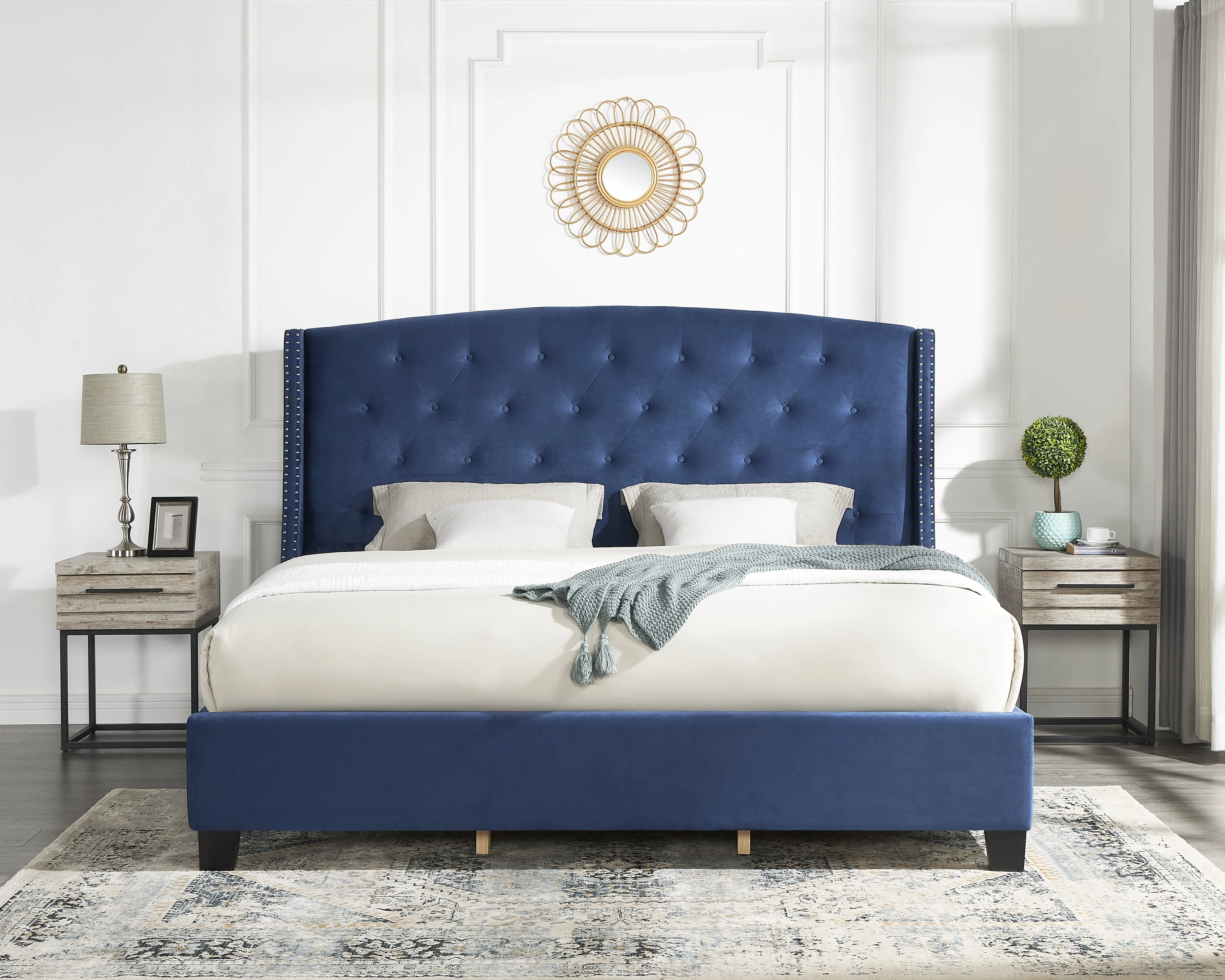 Roundhill Furniture Fentina 3-Piece Upholstered Bedroom Set, Tufted Wingback Bed with Two Gray Nightstands, King