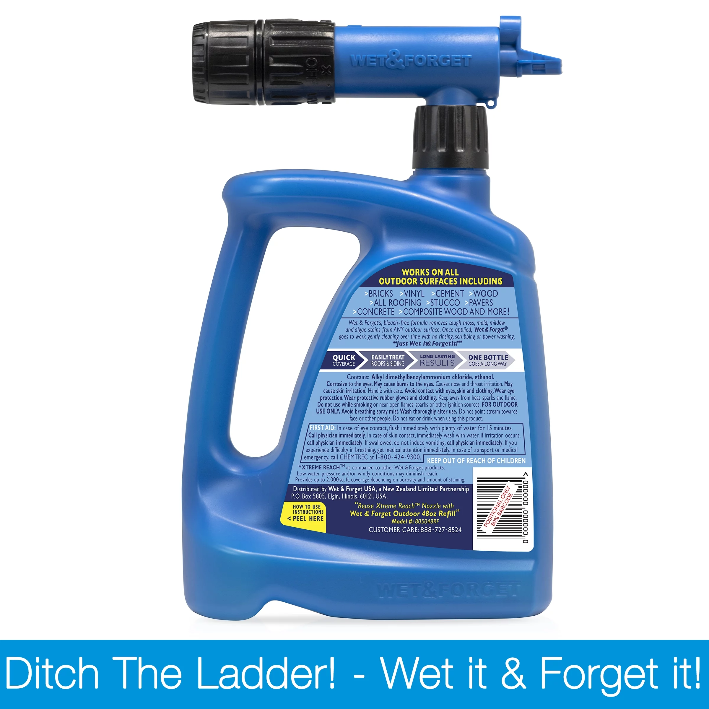Wet & Forget Xtreme Reach Hose End Outdoor Surface Cleaner, Mold Mildew & Algae Stain Remover, 48oz