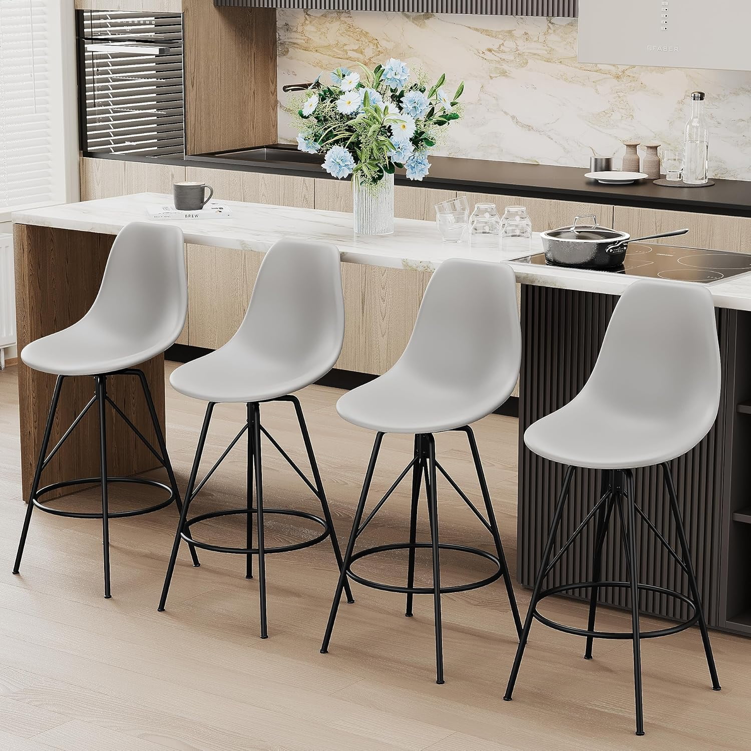 U-ToBe  30inch Mid Century Swivel Barstools Set of 4 with Back, Modern Counter Bar Height Stools Armless Bar Chairs Side Chair-White