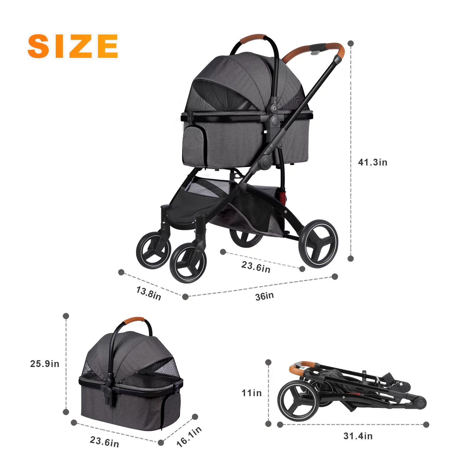 Wedyvko Dog stroller, Foldable Pet Travel System 3 in 1 Multifunction Pet Stroller, Sturdy Aluminum Alloy Frame Up to 55 lbs (Black)