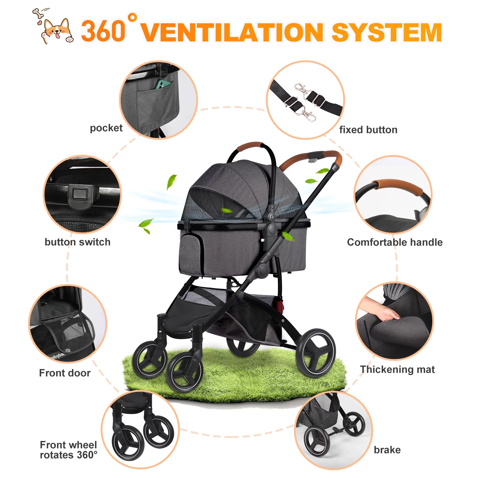 Wedyvko Dog stroller, Foldable Pet Travel System 3 in 1 Multifunction Pet Stroller, Sturdy Aluminum Alloy Frame Up to 55 lbs (Black)