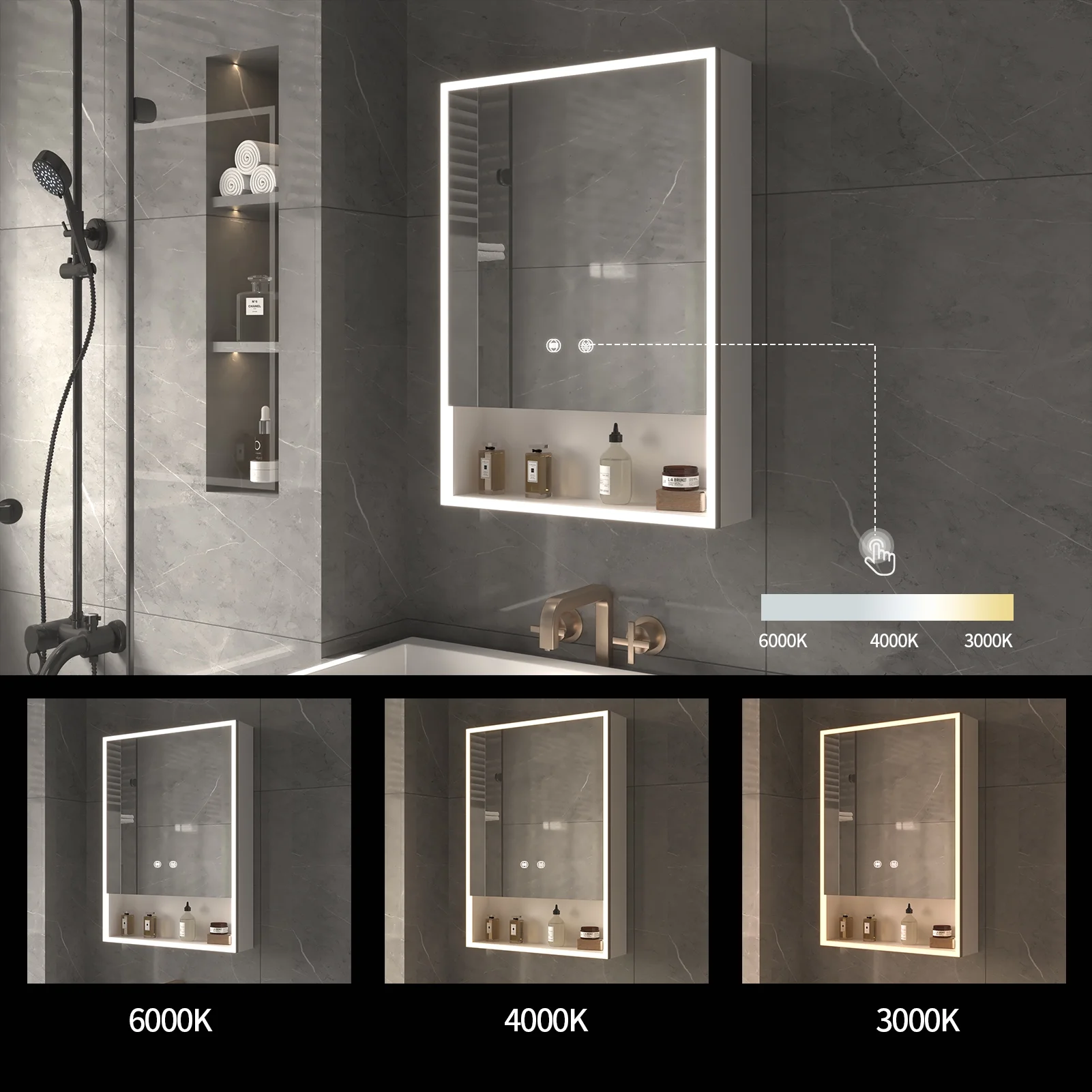 LALAHOO Bathroom Medicine Cabinet Lighted Medicine Cabinet with 3-Color Mode Led Lights 28 x 20 Inch Recessed Medicine Cabinet or Surface Mount Medicine Cabinet Defog Storage Shelves