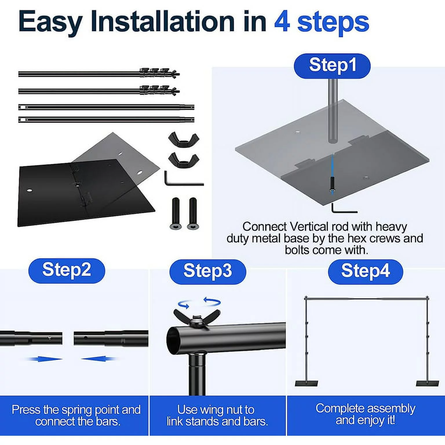 IAZ Heavy Duty Backdrop Stand 8.5x10ft(HxW) Adjustable Background Support System Kit with Steel Base for Photography, Photo Backdrop Stand for Birthday Parties Video Studio - Black