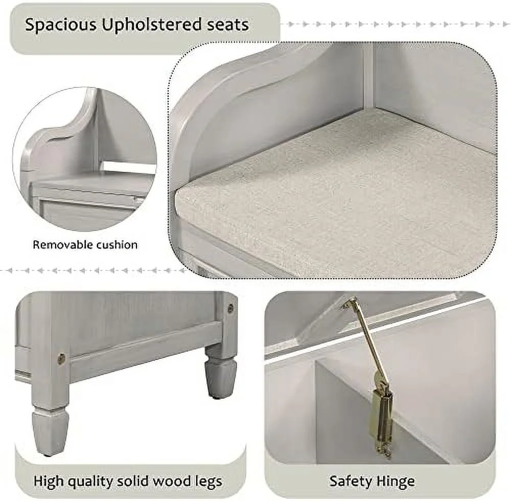 NLTBONNIE 42 Inch Rustic Style  Bench with Safety Hinge Solid Wood Entryway Multifunctional  Bench Shoe Bench with Removable Cushion for Living Room Bedroom