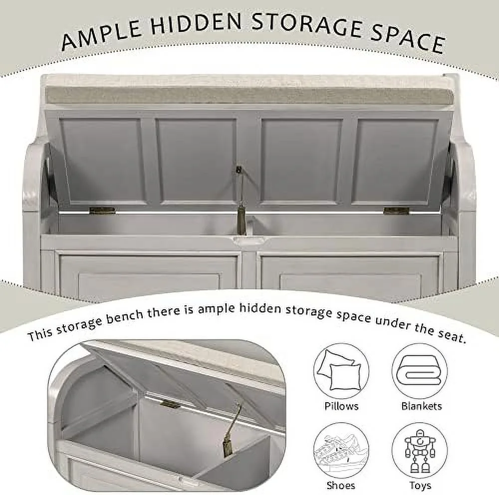 NLTBONNIE 42 Inch Rustic Style  Bench with Safety Hinge Solid Wood Entryway Multifunctional  Bench Shoe Bench with Removable Cushion for Living Room Bedroom