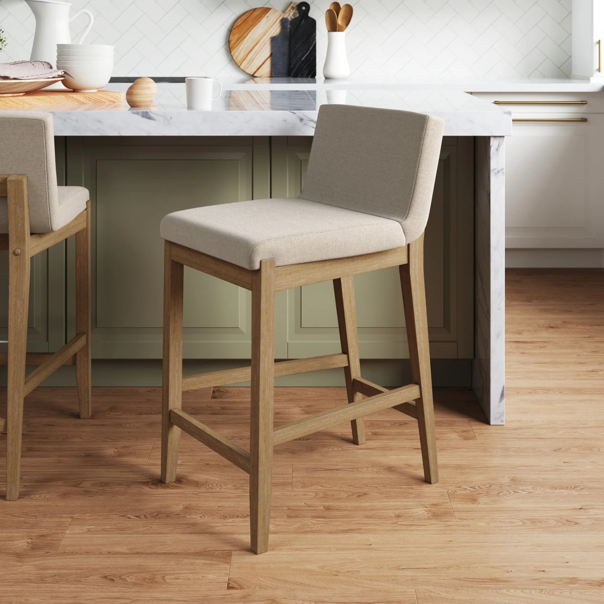 Nathan James Gracie Modern Counter Height Bar Stool with Back, Counter Stool Upholstered Chair with Natural Flax White Fabric and Brushed Wooden Legs