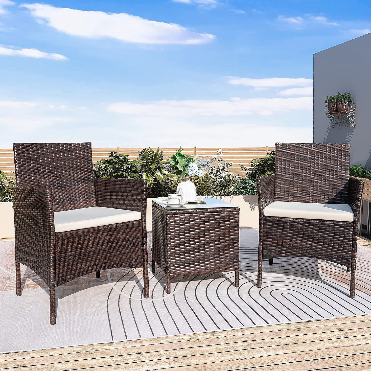 Patio Chairs Set of 2 Outdoor Front Porch Furniture Bistro Set 3 Piece Wicker Patio Chairs Balcony Furniture for Backyard Patio Balcony Lawn Pool (Brown)