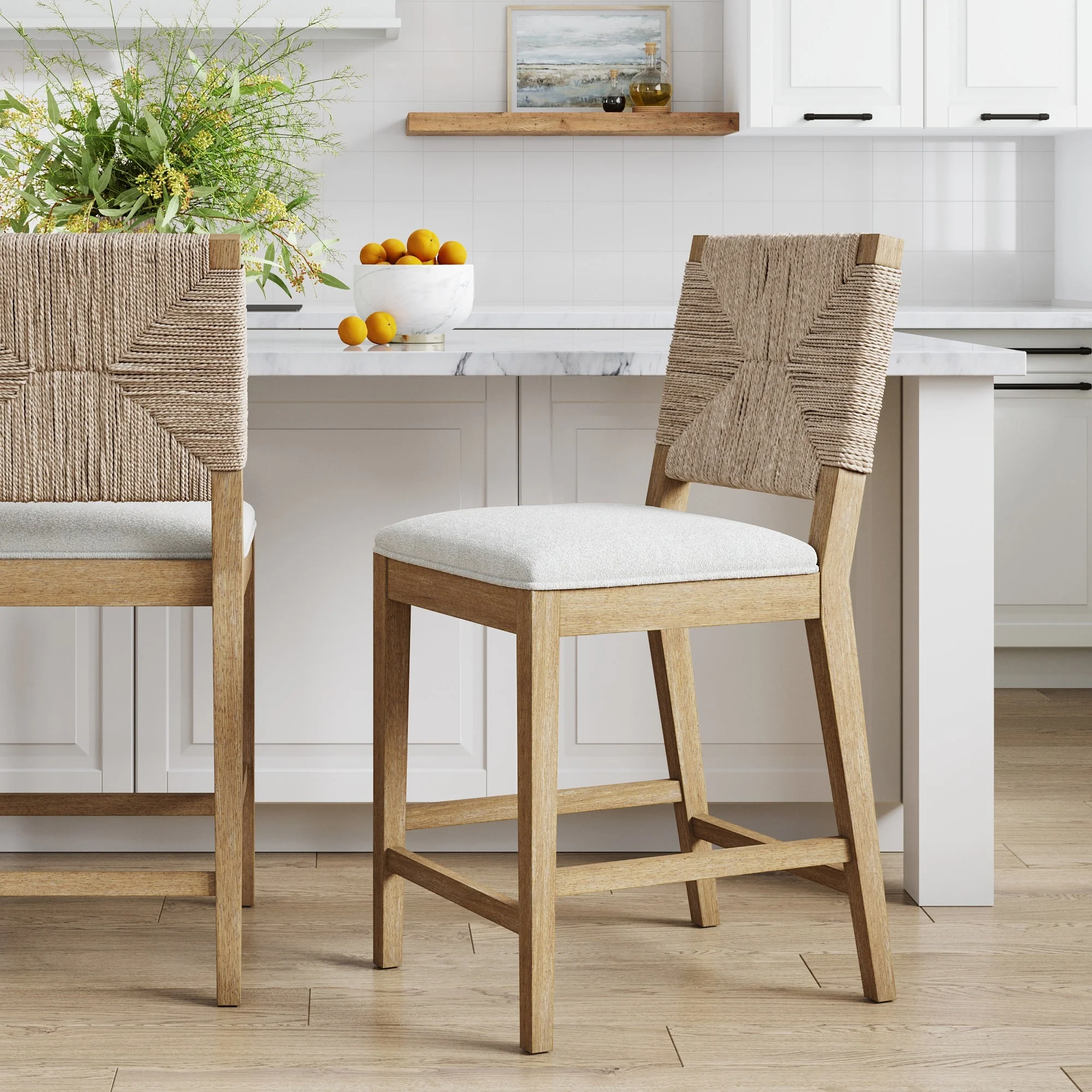 Nathan James Beacon Bohemian Boucle Bar Stool, Upholstered Counter Height Chair with Solid Wood Frame and Woven Seagrass Back for Kitchen Island