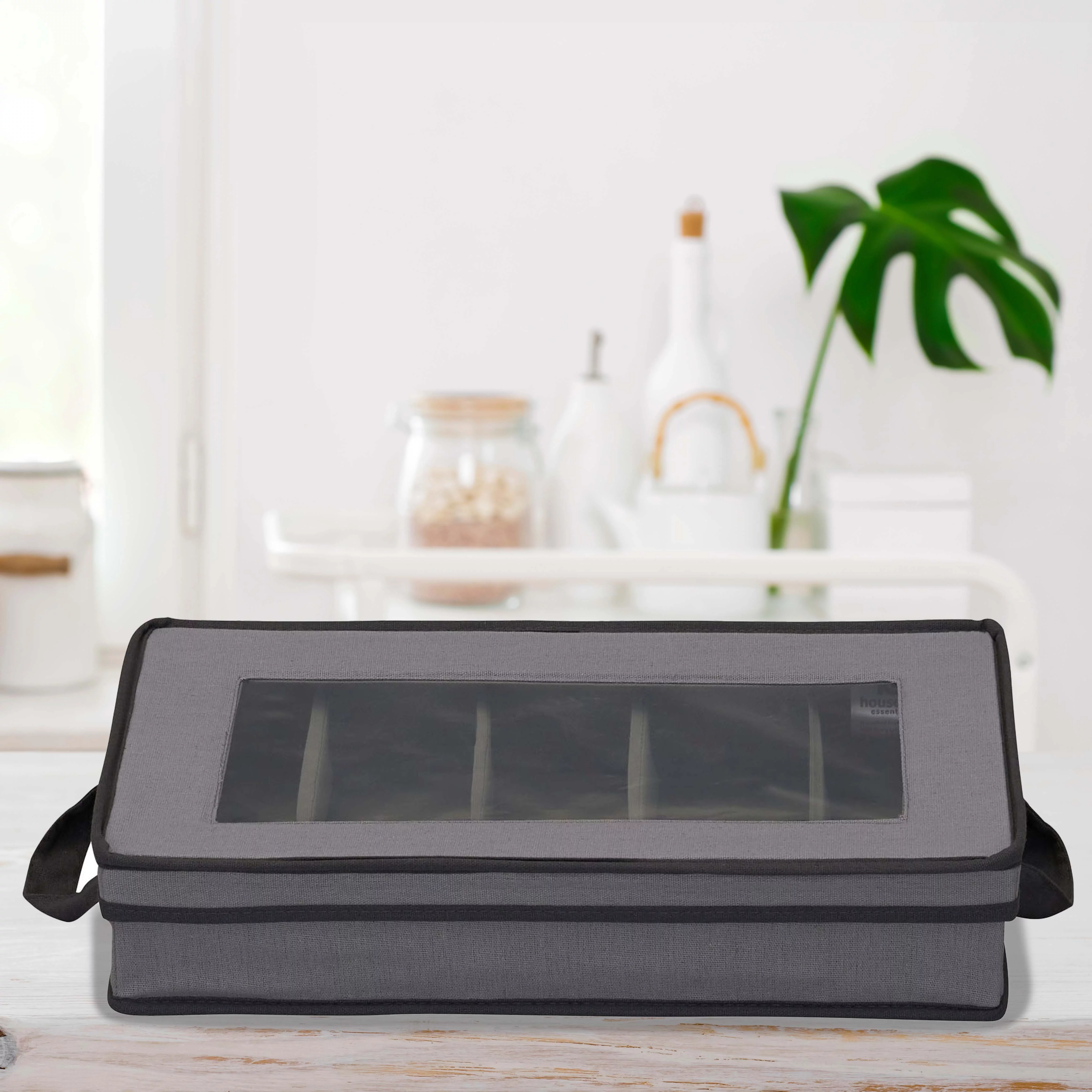 Household Essentials Windowed Flatware Storage Chest, 5 Compartment Storage with Serving Utensil Pouch, Removable Lid, Stackable, Foldable, Gray