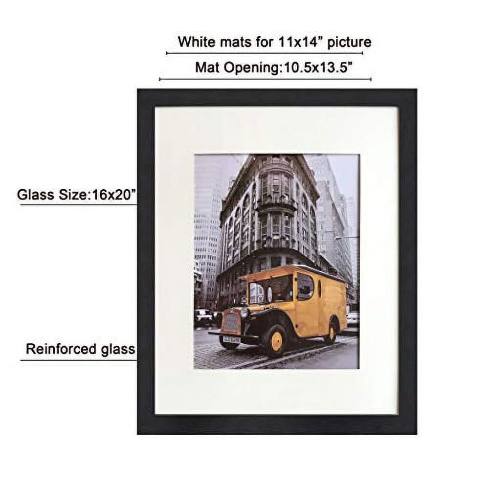 Black Wood Grain Finished Picture Frame, 2MM Reinforced Glass (Black, 16x20 with 11x14 Opening), Hangers Included for Horizontal or Vertical Hanging, Pack of 2
