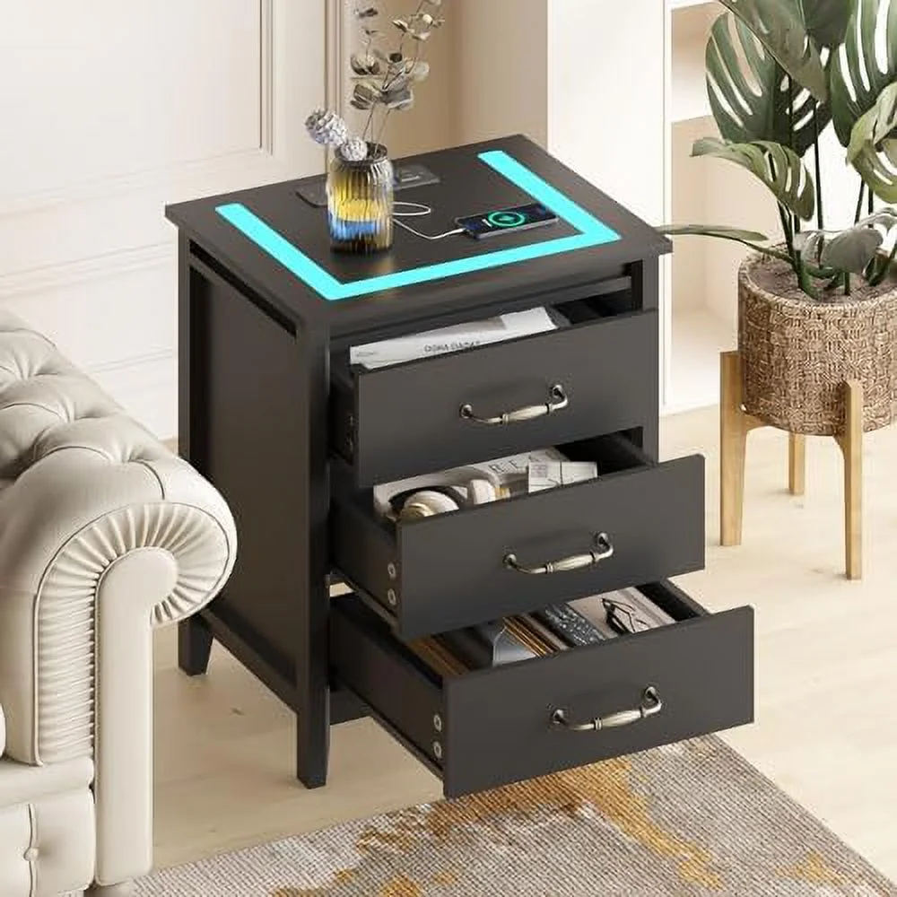 GEROBOOM Nightstand with Charging Station & LED Lights  Bedside Table Night Stand for Bedroom  LED Nightstand with Drawers  End Table with USB Ports & 2 AC Outlets  Black
