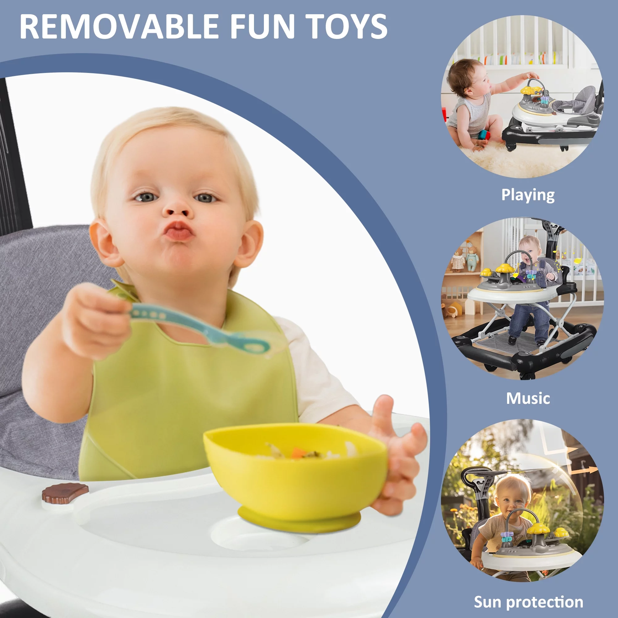 ANJORALA Baby Walker with Music and Toys, Infant Walker for Boys Girls, Adjustable Heights, Black