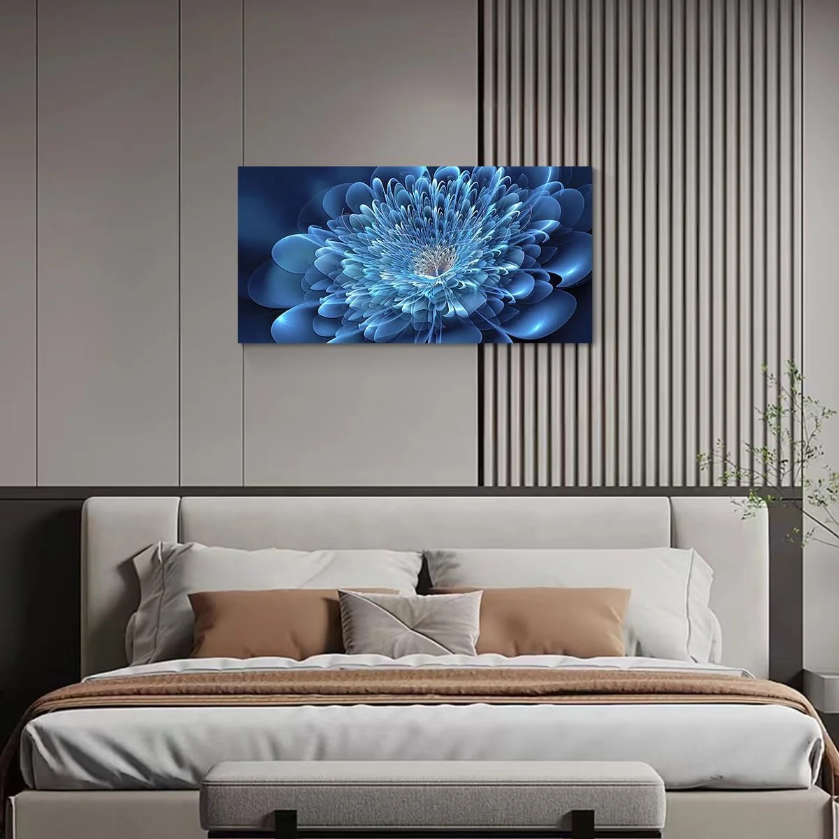 Large living room wall art/Blue canvas 3D textured flowers/For elegant and modern room decor/Framed wall art in bedroom office kitchen.