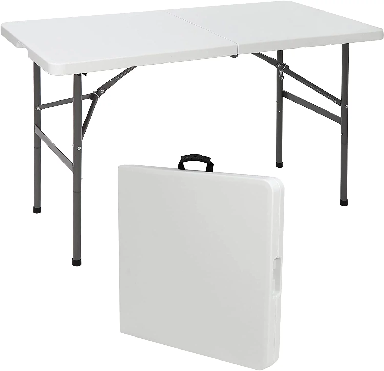 Portable 4 Foot Plastic Folding Table, Indoor Outdoor Heavy Duty Fold-in-Half Picnic Party Camping Barbecues Table with Carrying Handle, White