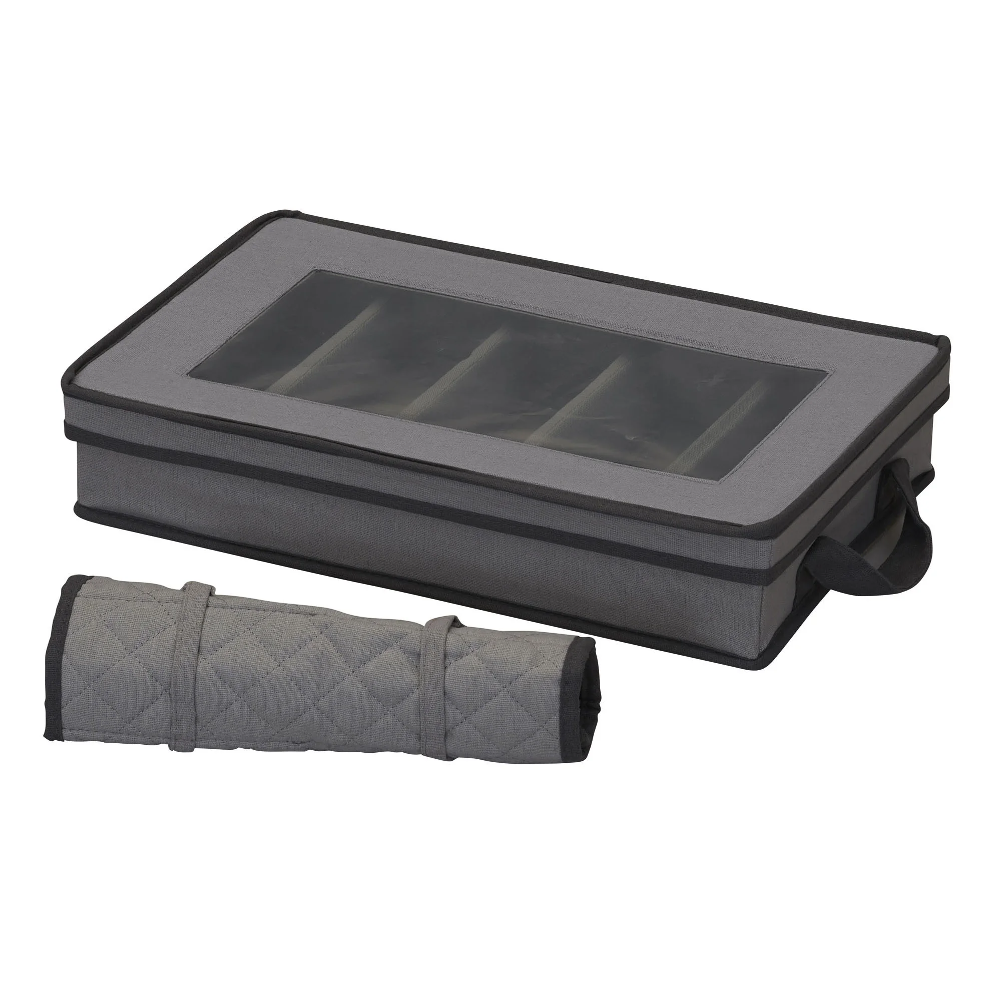 Household Essentials Windowed Flatware Storage Chest, 5 Compartment Storage with Serving Utensil Pouch, Removable Lid, Stackable, Foldable, Gray