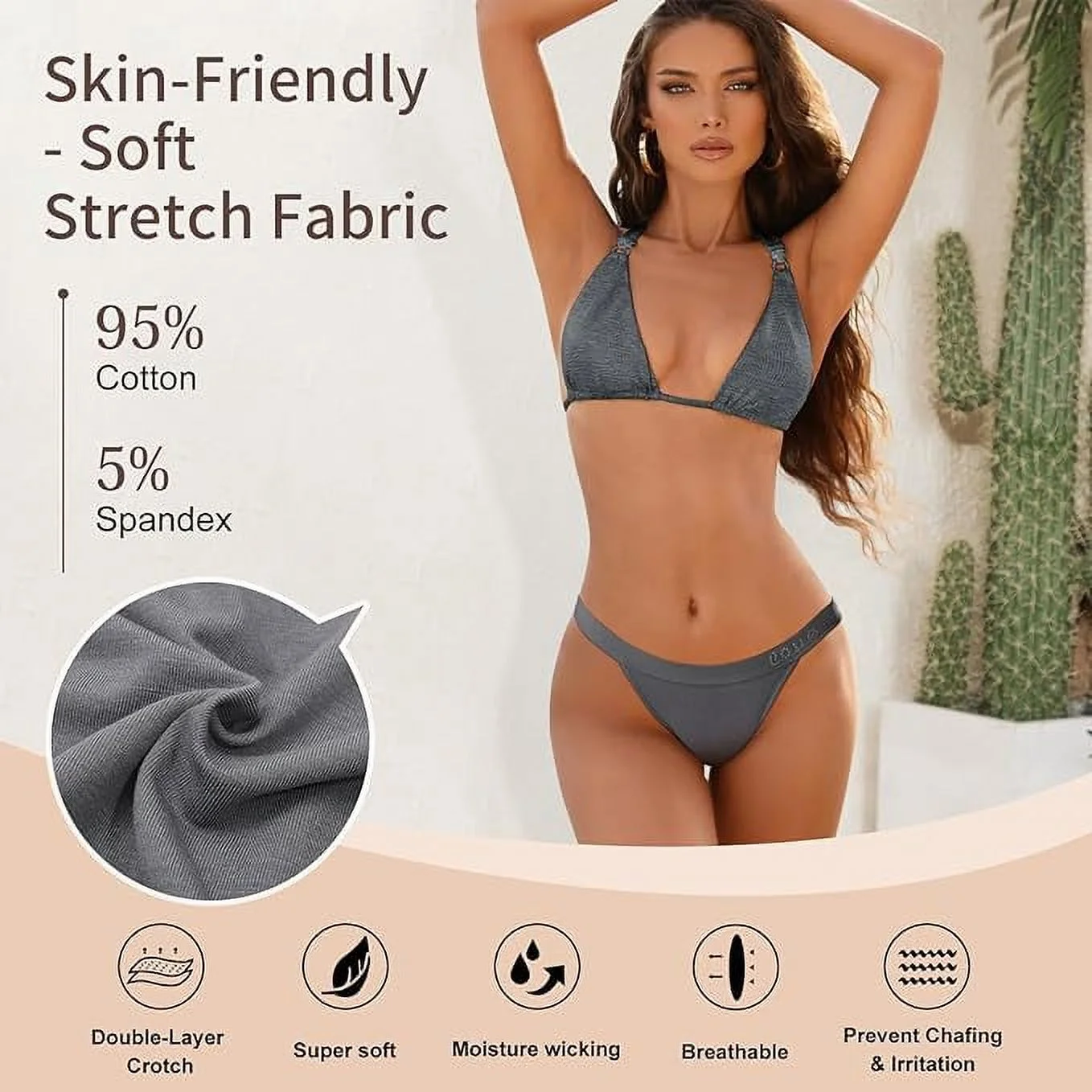 LEVAO Cotton Underwear Women Cheeky Panties Rhinestone Logo Low Rise String Bikini Panties 6 Pack S-XL