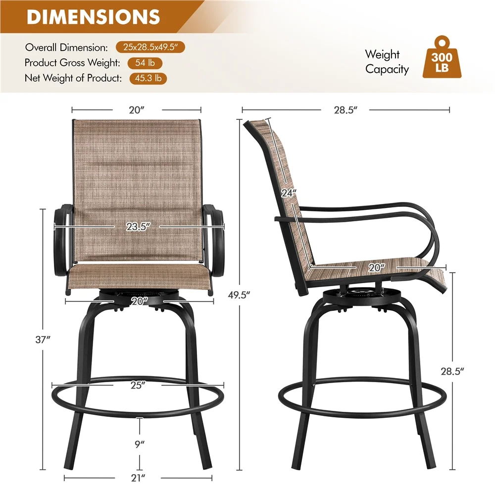 Alden Design Set of 2 Texteline Patio Bistro Swivel Bar Stools for Garden, Brown