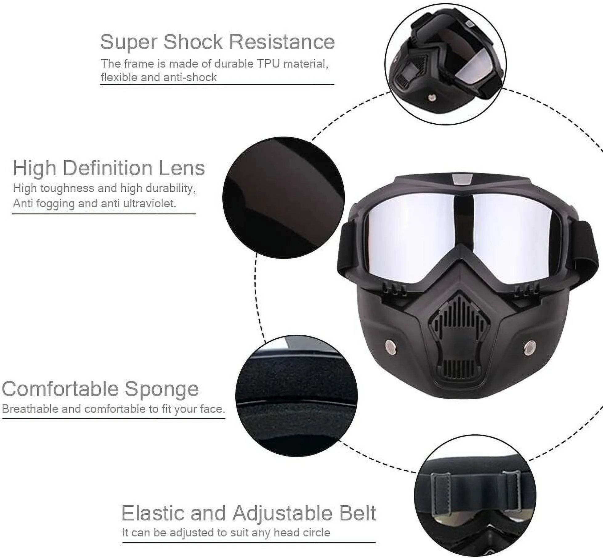 Motorcycle Detachable Face Mask Goggles Motocross Dirt Bike ATV Off-Road Eyewear