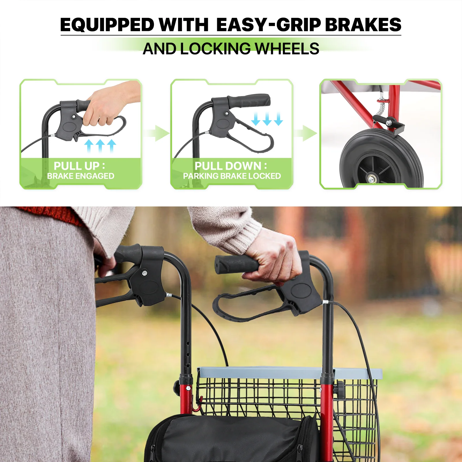 Magshion Folding Steel Rollator Walker, Rolling Walker with w/Oxford Bag & Detachable Basket for Adult, 3 Wheels 220lbs Weight Capacity, Burgundy Red Frame