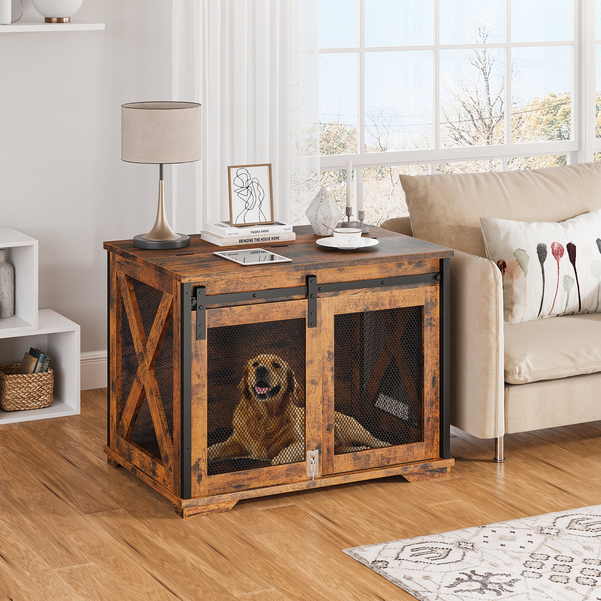 37'' Dog Crate Furniture Side End Table with Flip Top and Movable Divider, Wooden Dog Crate Table Large, Style Dog Kennel Side End Table